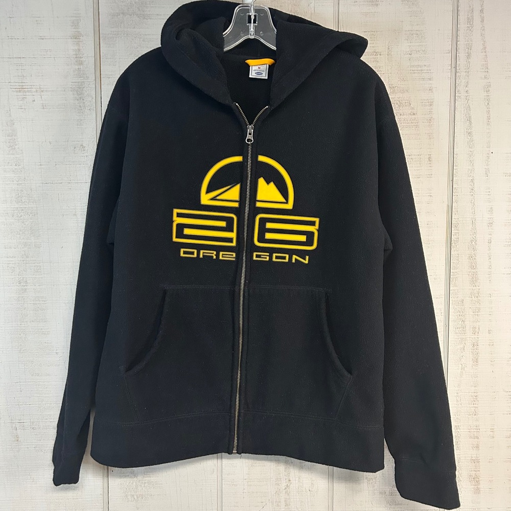 Vtg Old Navy Mens Y2k Fleece Zip Up Hoodie Size M Oregon Graphic Black Outdoors